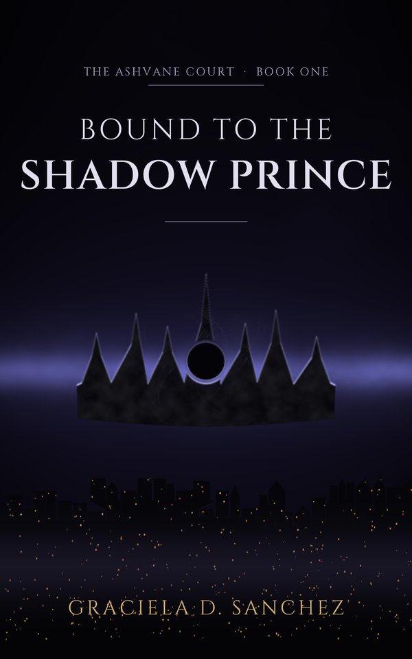 Bound to the Shadow Prince cover: an iron crown with a hollow at its brow, floating above a dark tiered city